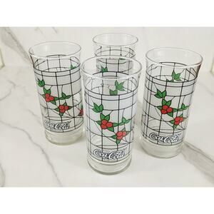 Coca Cola Frosted Tall Glass 6" Christmas Holly Berry 16oz Libbey Tumbler x4